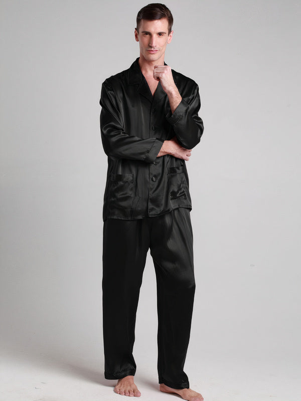 Pyjama en Soie pour Homme Longue Bordure Contraste "Noir"