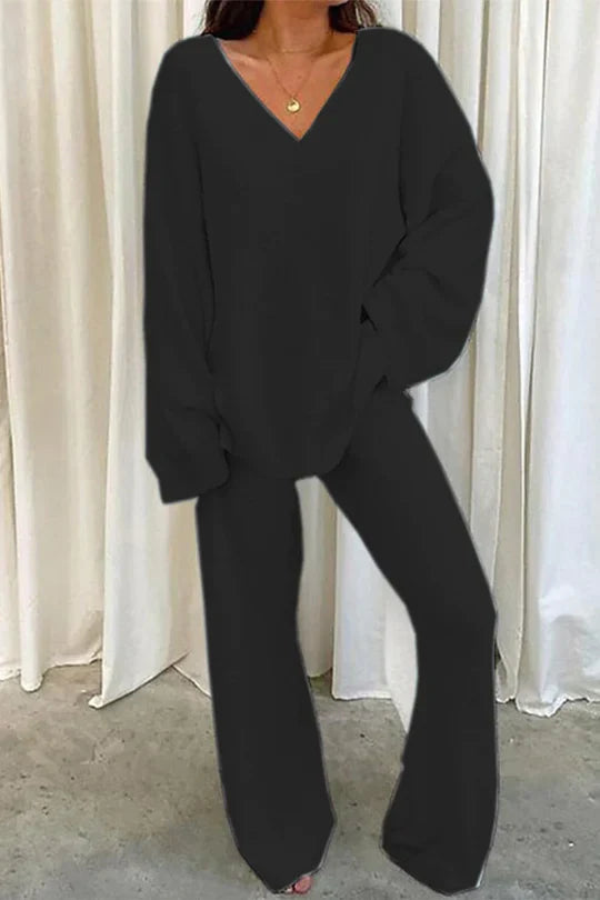 Ensemble confortable pull à col en V et pantalon pour femme