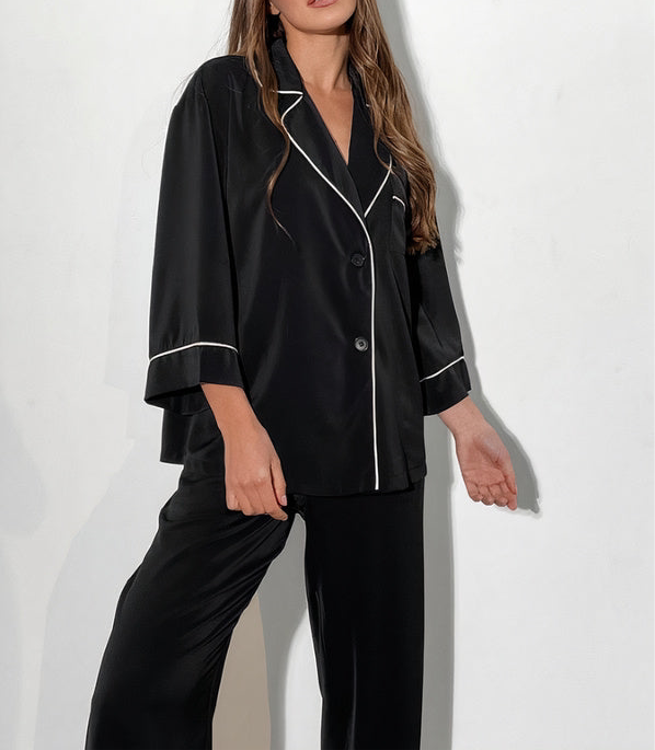 Pyjama en Satin pour Femme Liseré Contrastant "Noir"