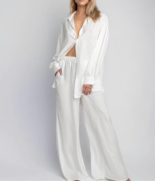 Pyjama Chemise et Pantalon en Satin Côtelé "Blanc"