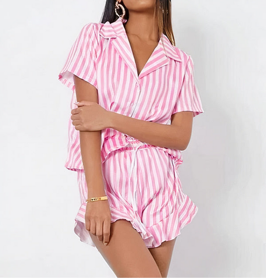 Pyjama deux pièces en Satin Chemise + Short pour Femme à Rayures "Rose"