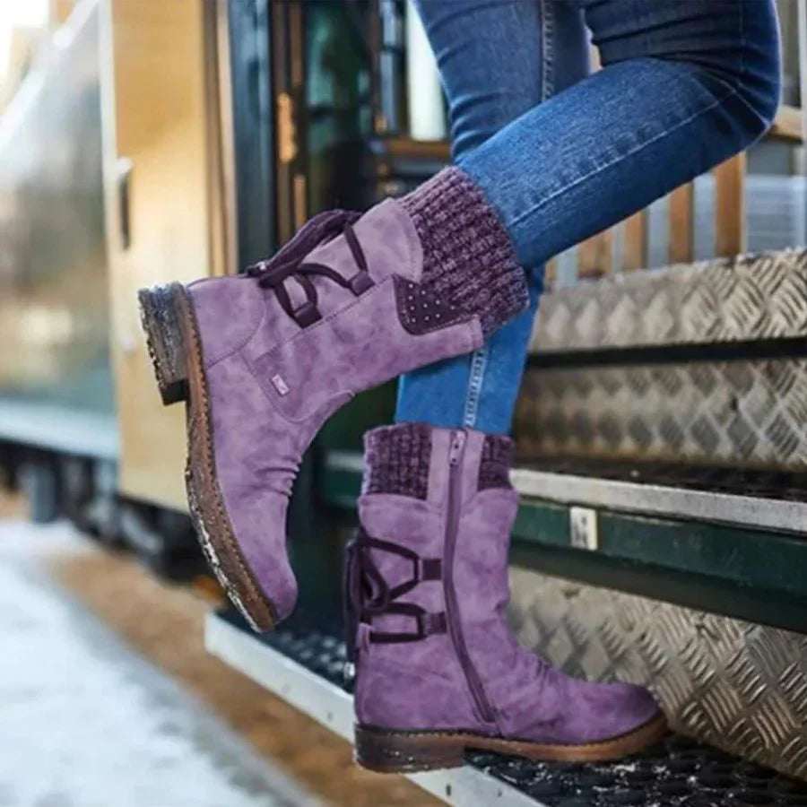 Bottes d'hiver douillettes en tricot pour femmes avec fermeture éclair sur le côté