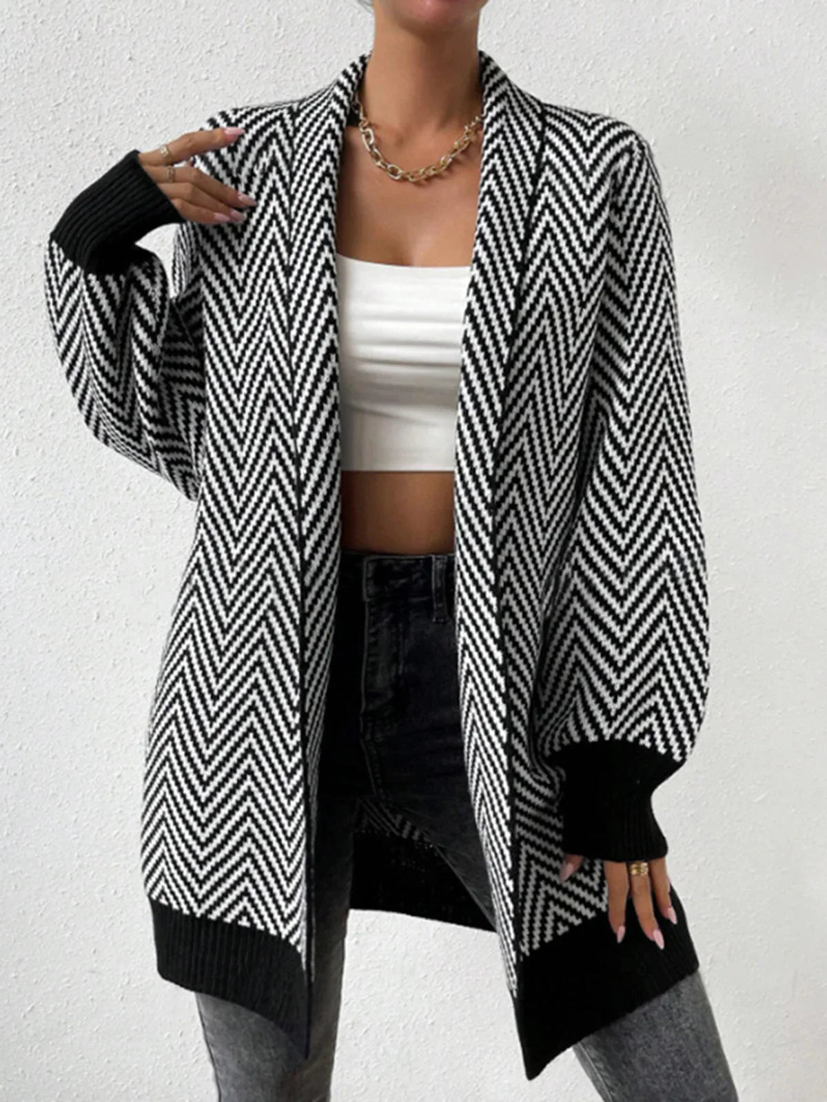 Cardigan élégant à motif chevron ouvert pour femmes