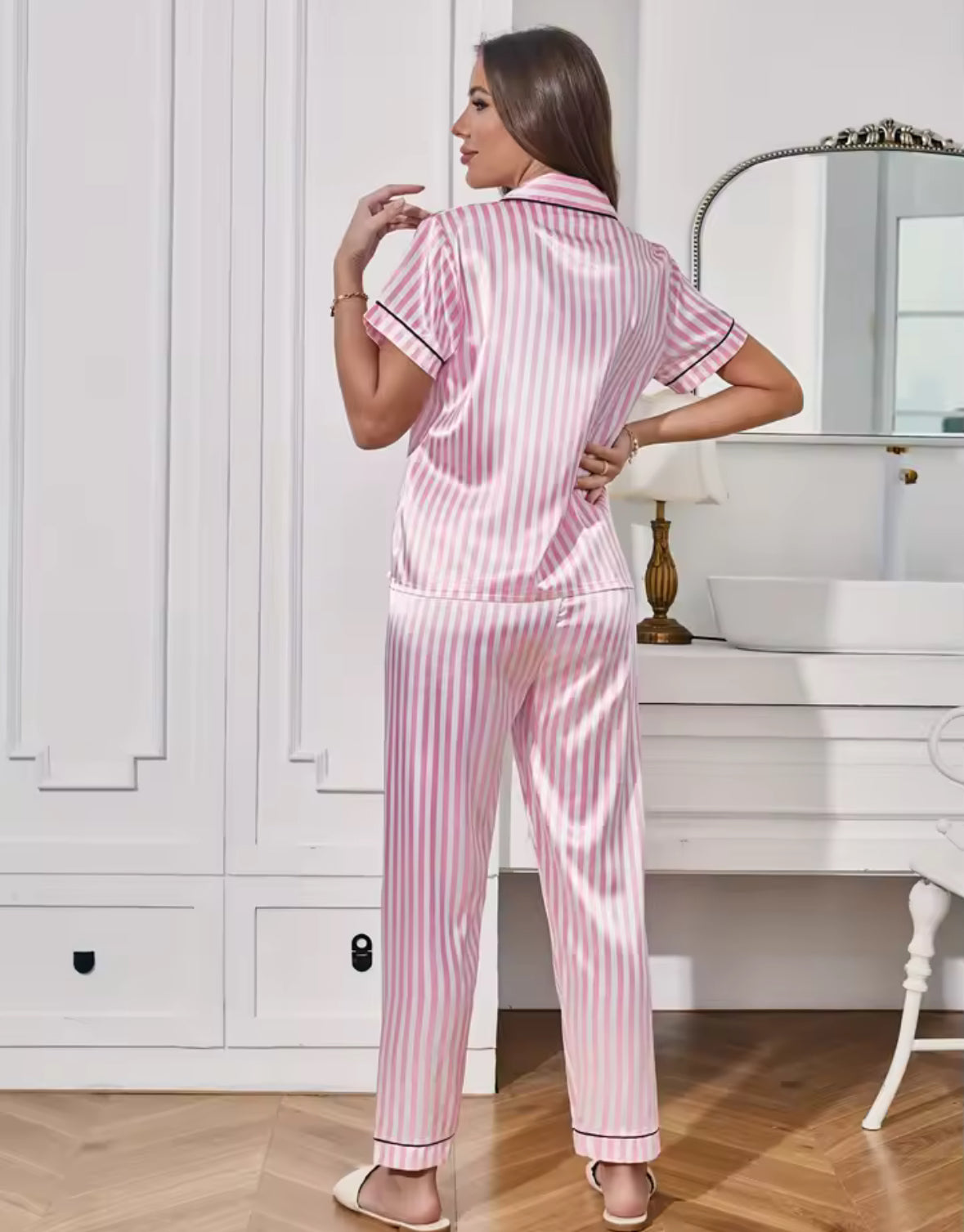 Pyjama femme satin rayures rose