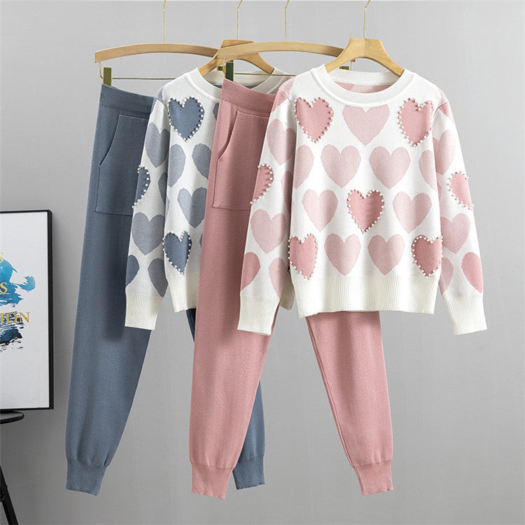 Ensemble pull et jogger lounge en tricot à motif de cœur pour femmes