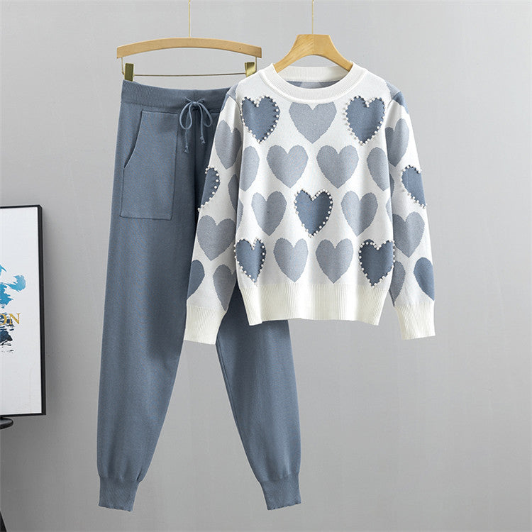 Ensemble pull et jogger lounge en tricot à motif de cœur pour femmes