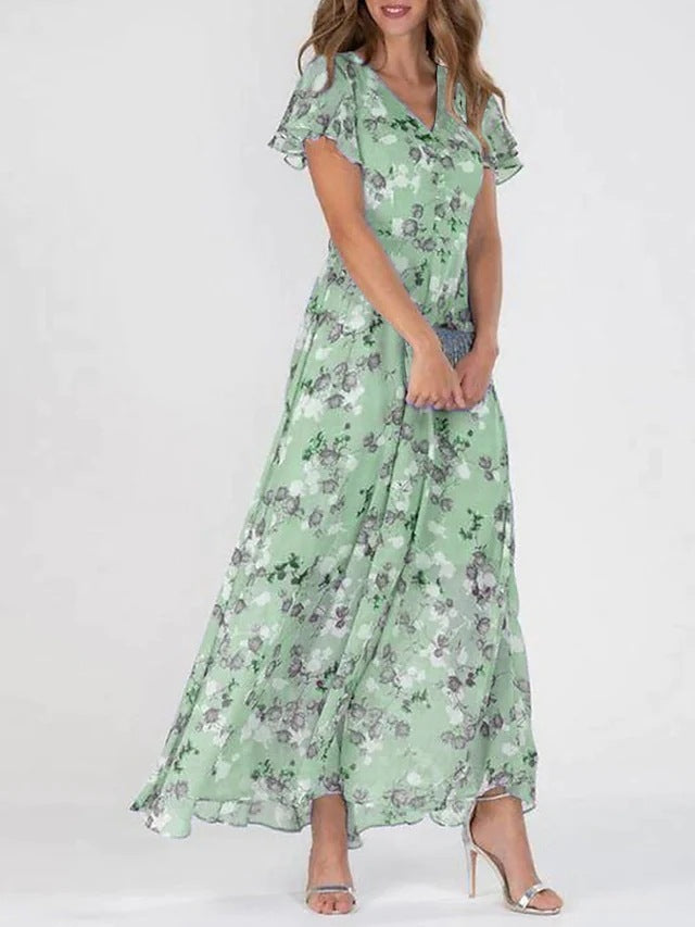 Élégante robe longue florale à manches volantes