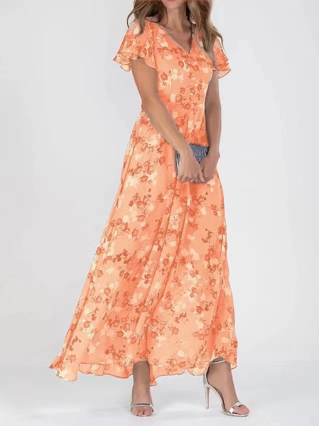 Élégante robe longue florale à manches volantes