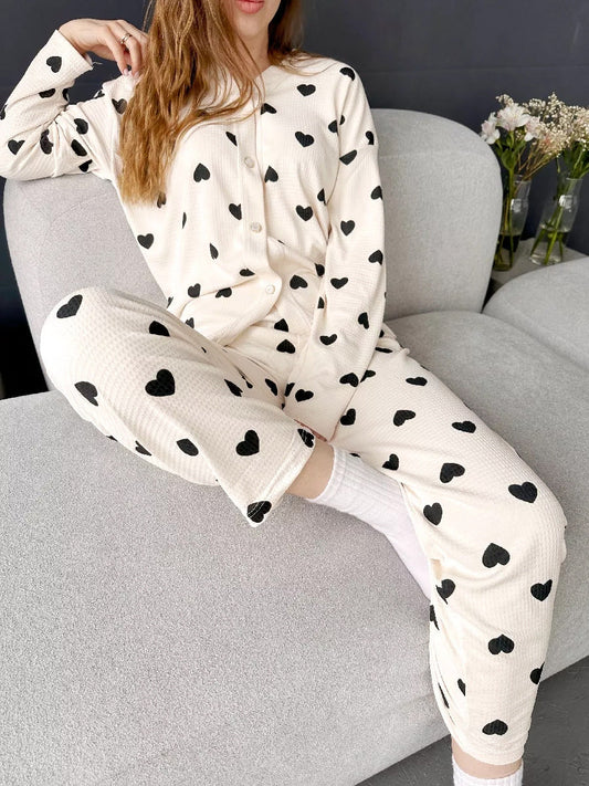 Pyjama gaufré à imprimé cœur pour femmes