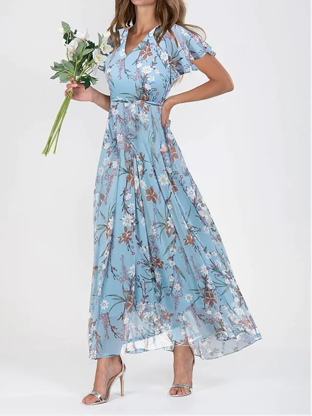 Élégante robe longue florale à manches volantes