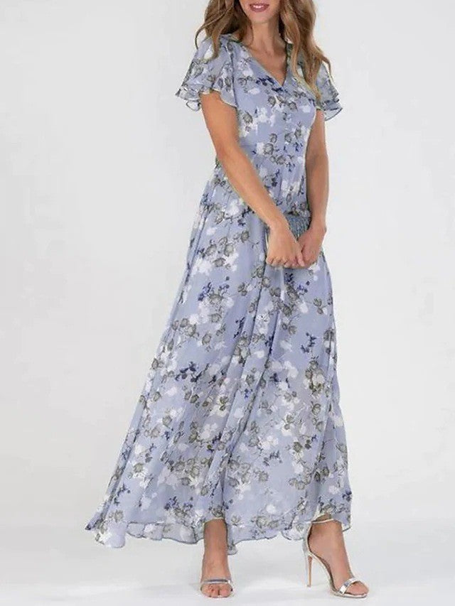 Élégante robe longue florale à manches volantes