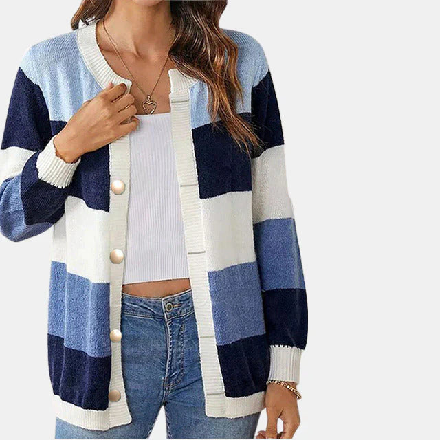 Cardigan rayé boutonné à blocs de couleurs pour femmes