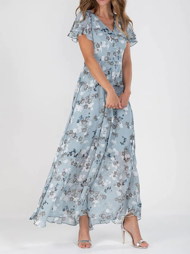 Élégante robe longue florale à manches volantes