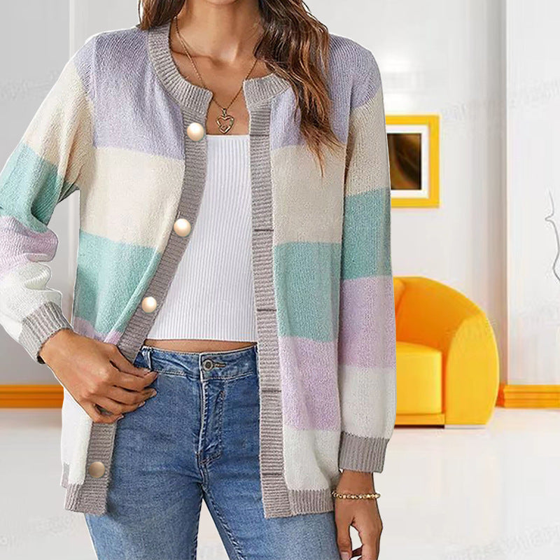 Cardigan rayé boutonné à blocs de couleurs pour femmes