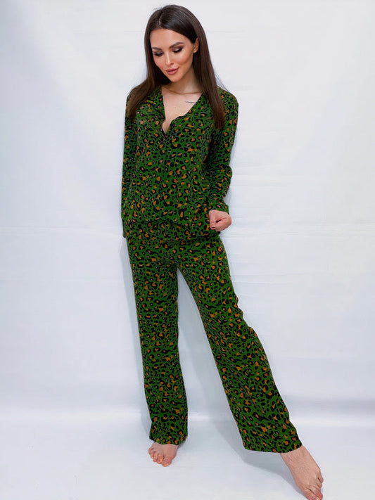 Pyjama en Satin pour Femme Vert imprimé "Léopard"