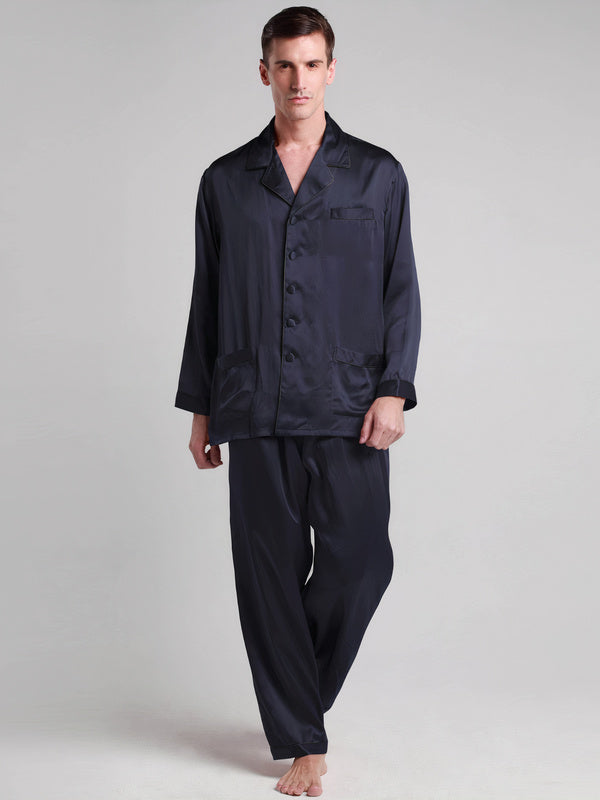 Pyjama en Soie pour Homme Longue Bordure Contraste "Bleu Marine"