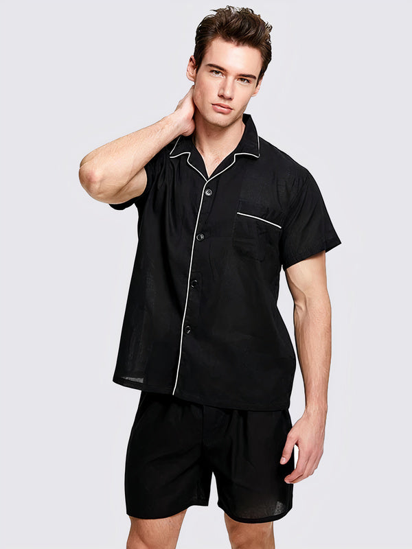 Pyjama en Col à Revers Chemise + Short pour Homme "Noir"