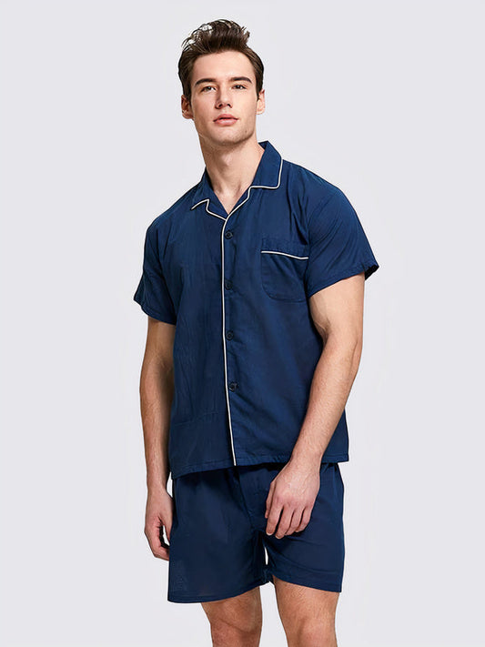 Pyjama en Col à Revers Chemise + Short pour Homme "Bleu Marine"