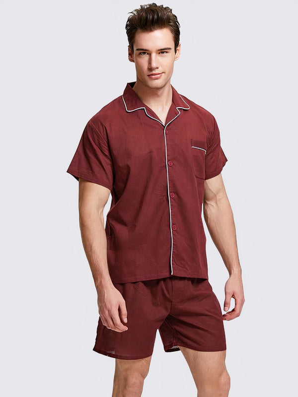 Pyjama en Col à Revers Chemise + Short pour Homme "Rouge"