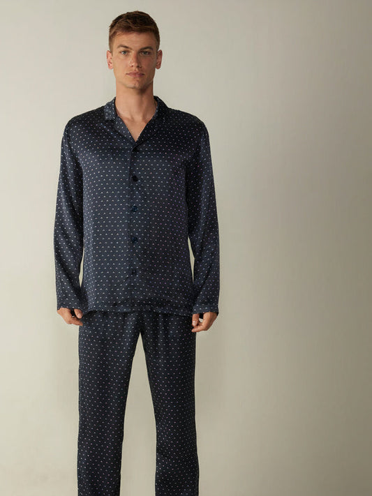 Pyjama en Satin Imprimé Lys pour Homme "Bleu Marine"