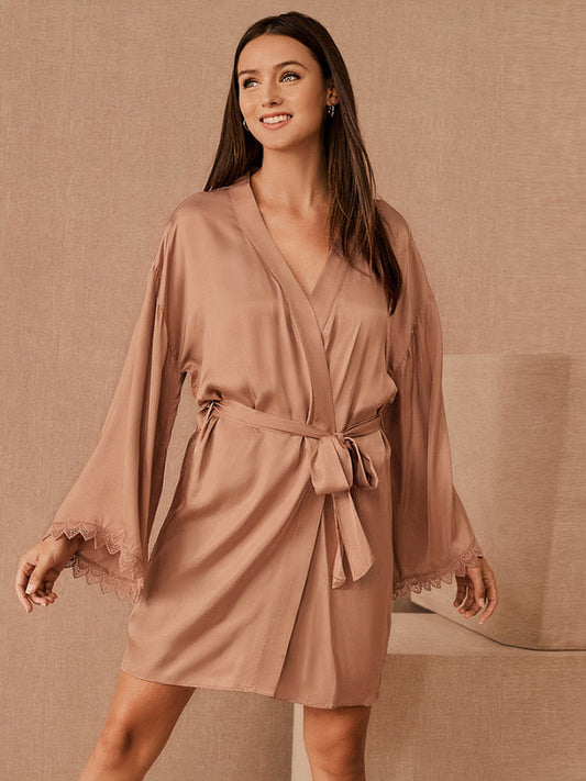 Robe de Chambre Manches Amples en Satin pour Femme "Kimono Champagne"