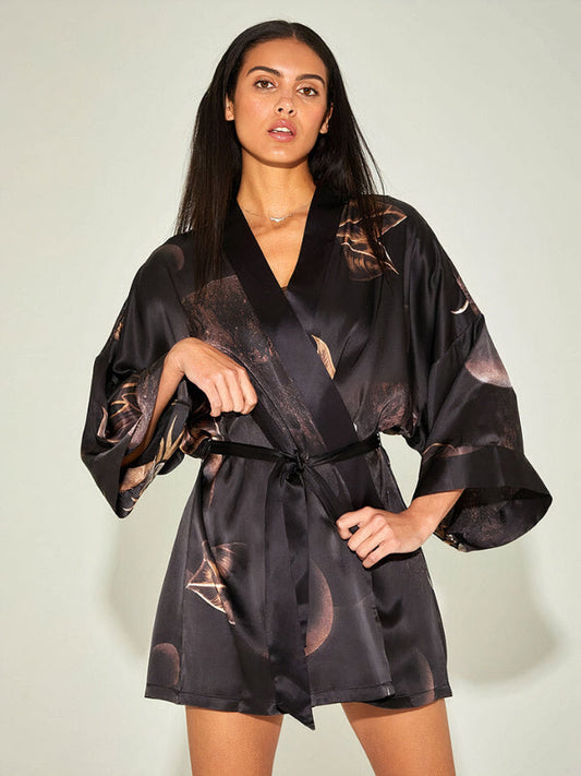 Robe de Chambre en Satin pour Femme "Floral Noir"