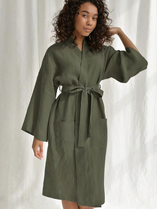 Robe de Chambre Double Poches à Manches Amples en Coton pour Femme "Khaki"