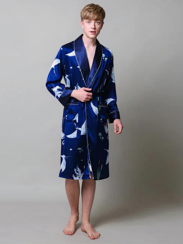 Robe de Chambre en Satin pour Homme Imprimé Cigogne "Bleu Marine"