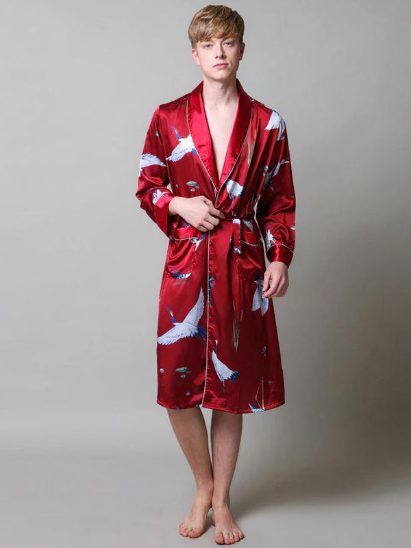 Robe de Chambre en Satin pour Homme Imprimé Cigogne "Rouge"