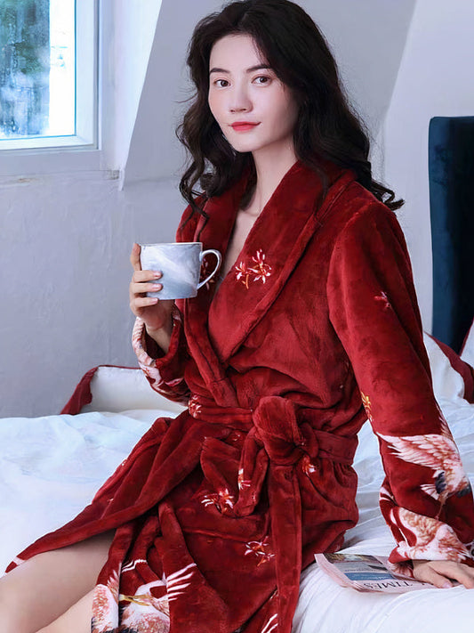 Robe de Chambre Polaire Femme Imprimé Oiseaux "Rouge"