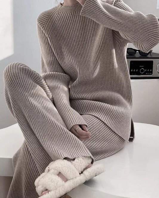 Ensemble pull et pantalon large en tricot côtelé pour femmes