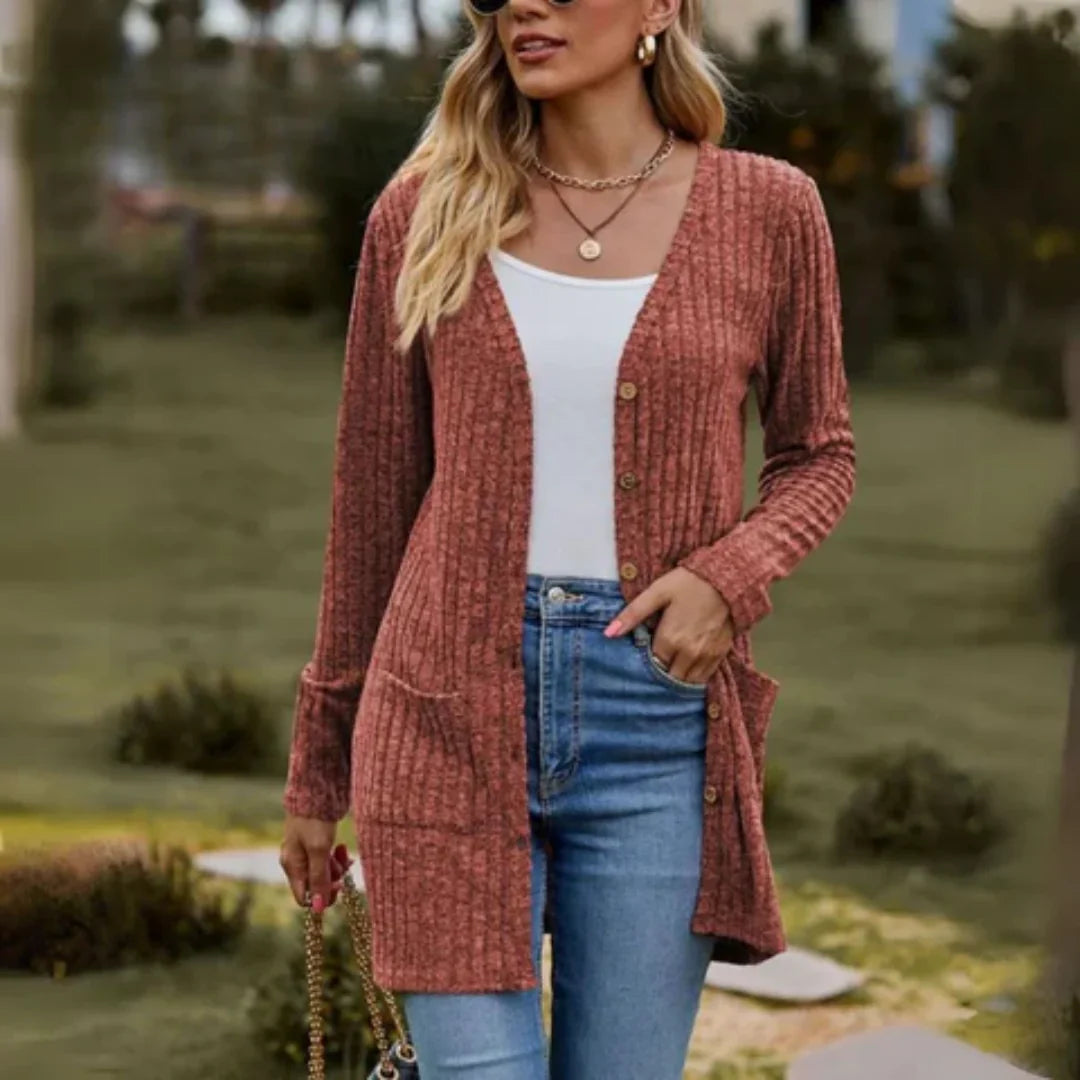 Cardigan long côtelé à col en V avec poches pour femmes