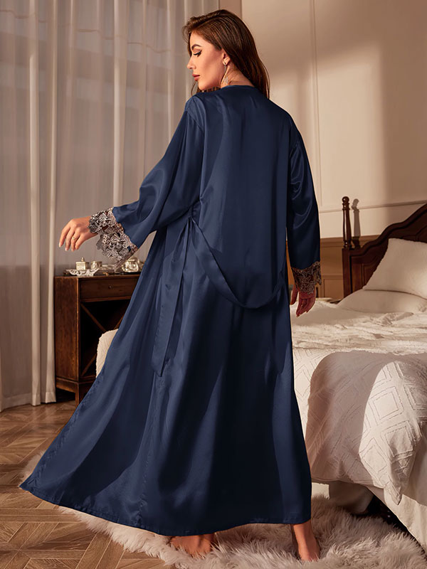 Robe de Chambre Longue en Satin pour Femme Bleu Marine "Tendre Satin"