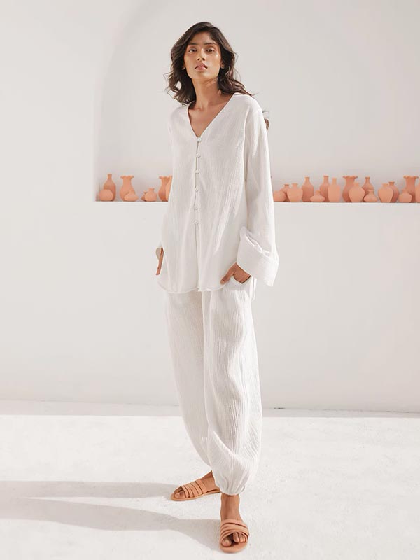 Pyjama Pour Femme En Coton Blanc "Sillage de Lys"