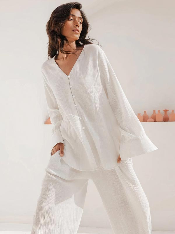 Pyjama Pour Femme En Coton Blanc "Sillage de Lys"