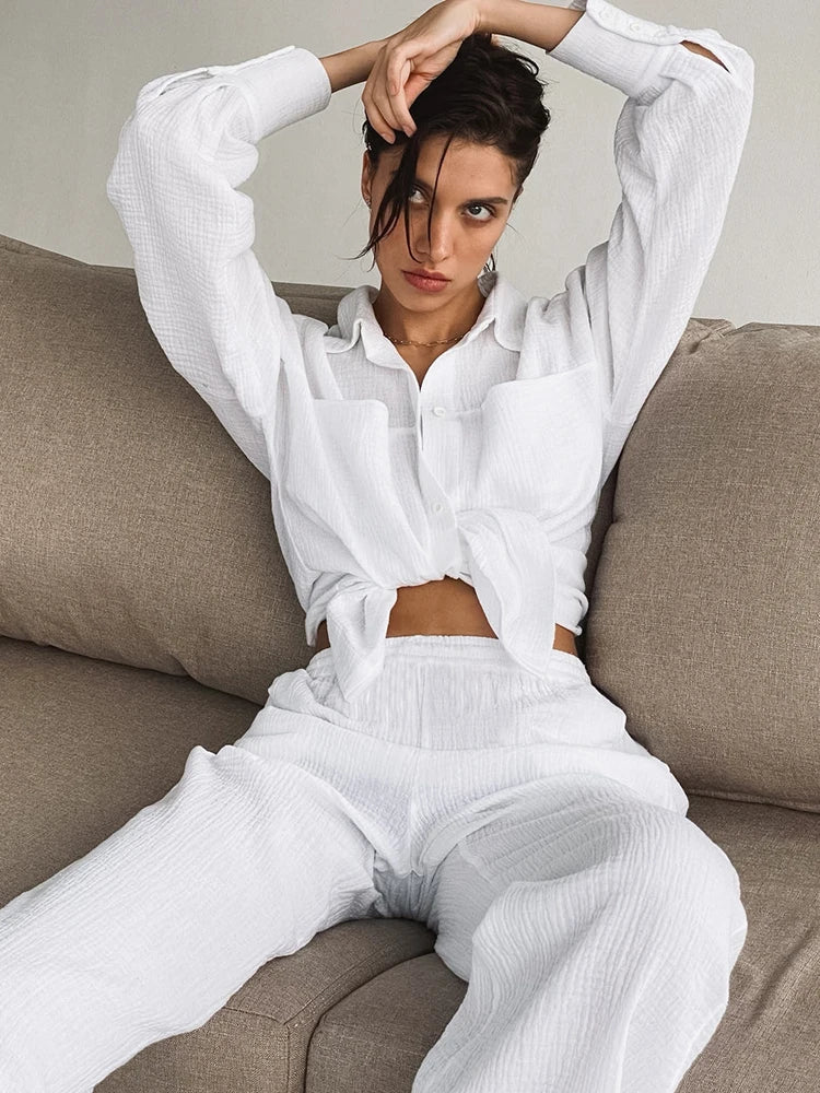 Pyjama Blanc En Coton Pour Femme "Orchidée de Nuit"