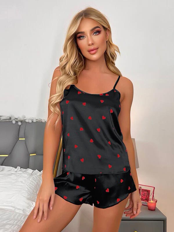 Pyjama En Satin Noir à Cœur Rouge Pour Femme "Étreinte de Rêve"