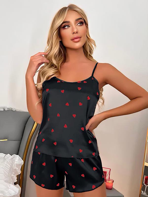 Pyjama En Satin Noir à Cœur Rouge Pour Femme "Étreinte de Rêve"