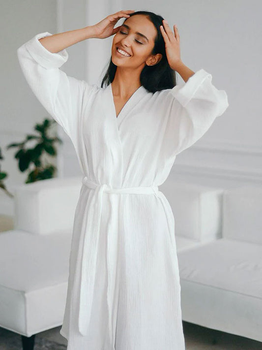 Robe de Chambre Femme mi-Longue en Coton Blanc "Nid Douillet"