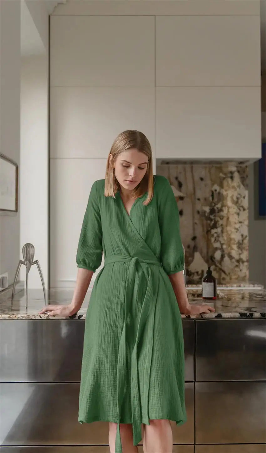 Robe de Chambre Verte En coton Pour Femme "Flocon de Douceur"